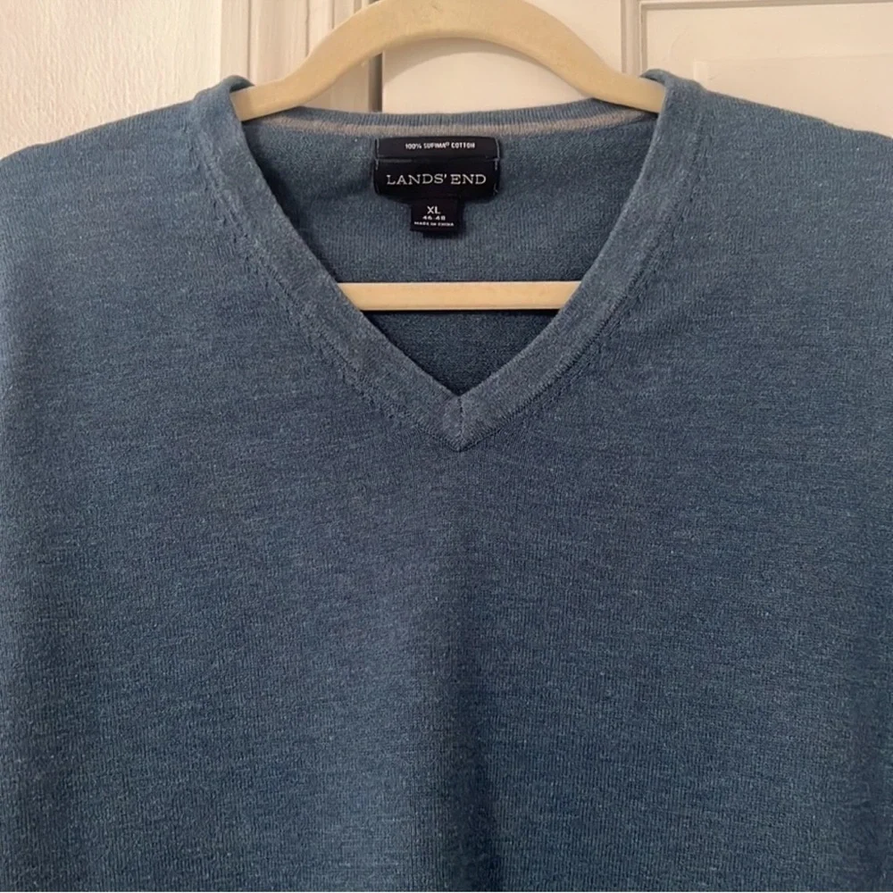 Lands' End Cotton V Neck Sweater Blue XL